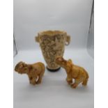 Carved resin Oriental vase decorated with Elephants and two resin models of Elephants {30 cm H x