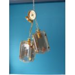 Pair of retro brass and glass hanging lanterns {Each: 44cm H x 15cm W x 15cm D}