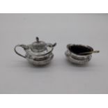 English silver mustard pot & salt pot with original Bristol blue glass liners . Hallmarked in