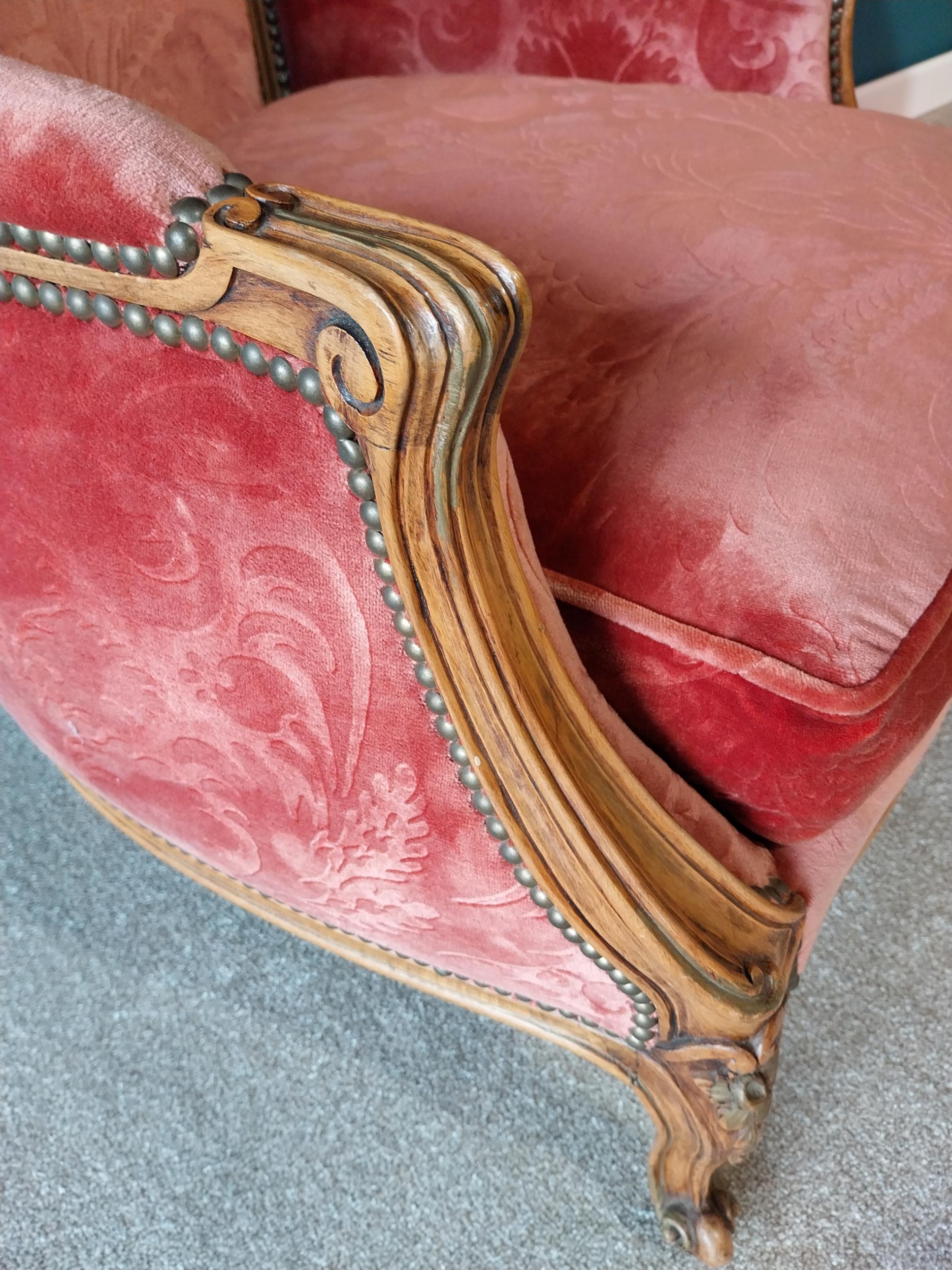 Good quality pair of His and Hers French Edwardian carved walnut and upholstered armchairs raised on - Image 4 of 5