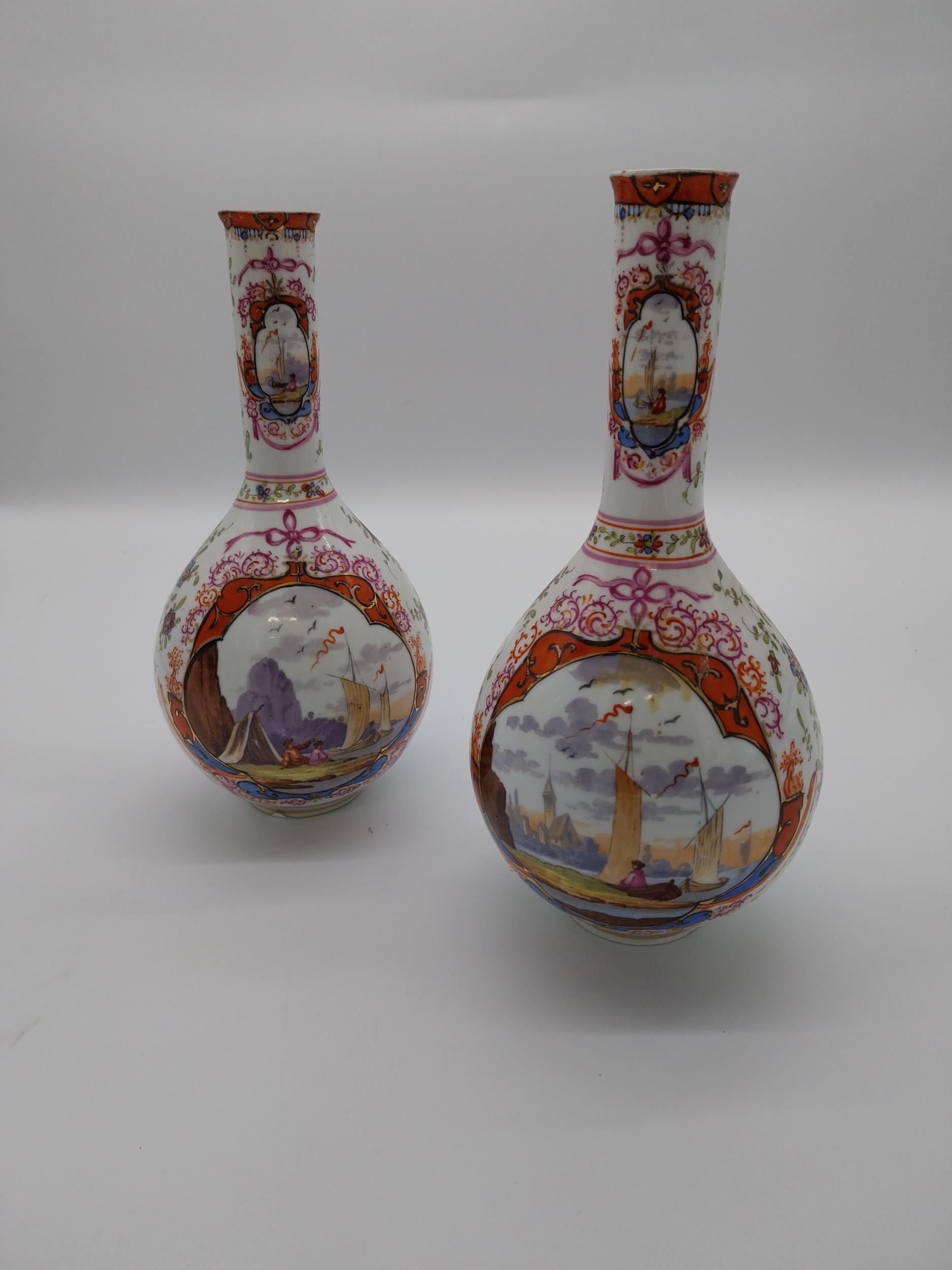 Pair of 19th C. hand painted ceramic Dresden vases depicting Venetian scenes {24 cm H x 11 cm