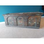 Early 19th C. Romanian painted pine Marriage trunk with three arched painted panels {63 cm H x 179