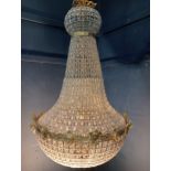 Pear drop cut crystal and bronze six light chandelier {H 110cm x Dia 60cm }