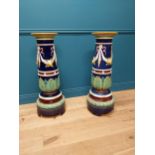 Pair of 19th C. hand painted and glazed stoneware jardinières stands in the Majolica style decorated