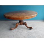 Good quality burr walnut centre table raised on turned column, three outswept legs and brass castors