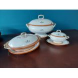 Three first period Belleek lidded tureens and two oval plates with the Reeve Family Crest {Tureens