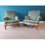 Pair of good quality Early 20th C. walnut and upholstered crush velvet armchairs raised cabriole
