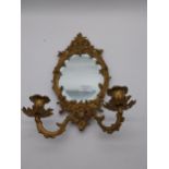 19th C. gilded metal wall mirror with two candelabras {27 cm H x 24 cm W}.