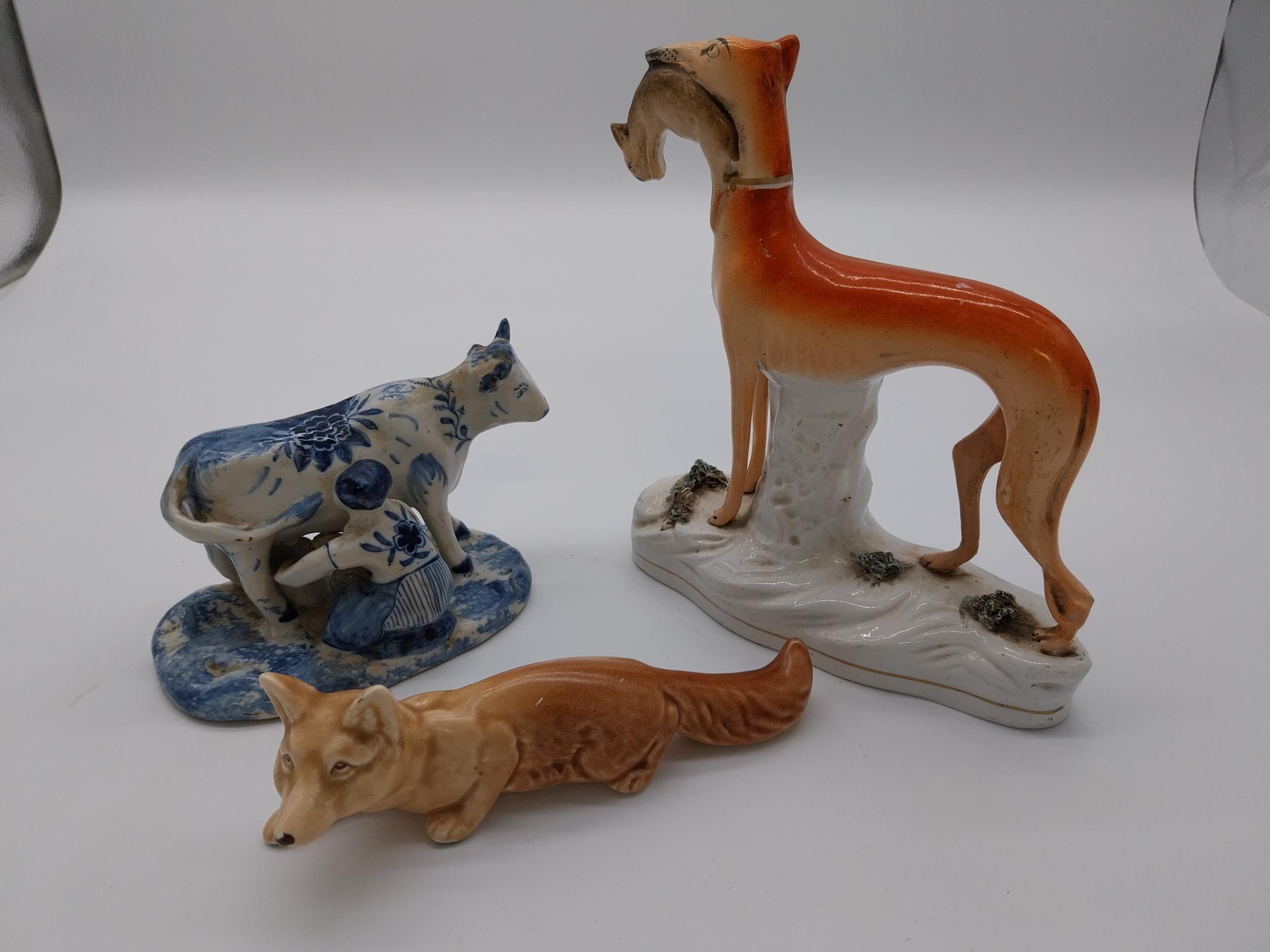 Staffordshire figure of Greyhound {20 cm H x 18 cm W}, Dutch blue and white cow and milk maid and