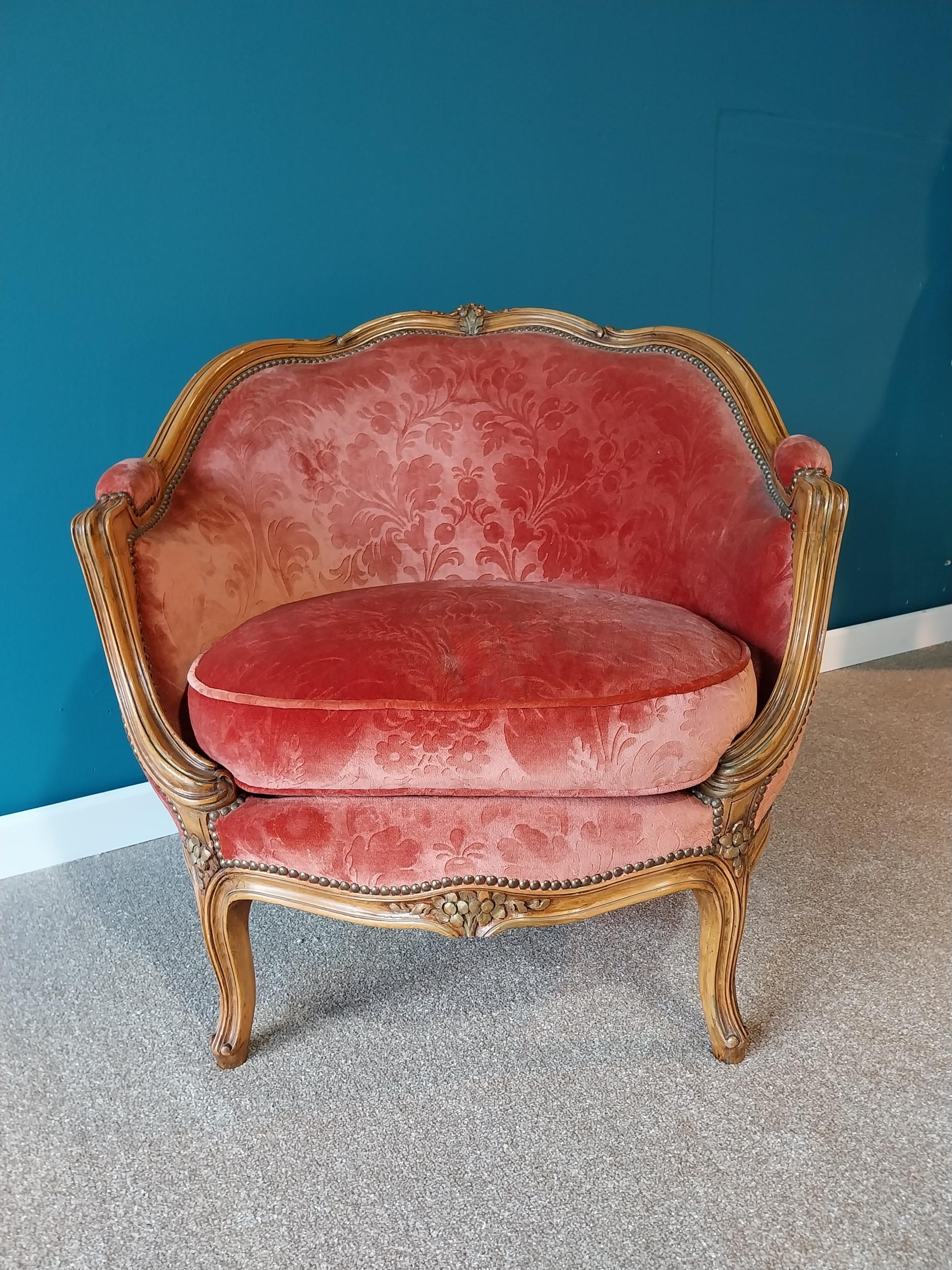 Good quality French Edwardian carved walnut and upholstered armchair raised on cabriole legs {80