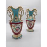 Pair of 19th C. hand painted ceramic vases with floral decoration {30 cm H x 14 cm W}.