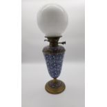 19th C. brass and ceramic container oil lamp with opaline glass football shade {58 cm H x 16 cm