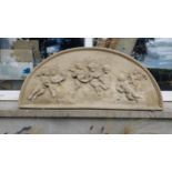 Moulded stone wall plaque decorated with Cherubs {50 cm H x 113 cm W x 5 cm D }.