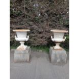 Pair of 19th C. cast iron urns on stone bases {H 77cm x Dia 65cm}