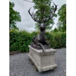 Pair of exceptional quality bronze Stags raised on reeded composition plinths {Overall 260 cm H x 72