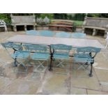 Cast iron table with marble top and eight metal bistro chairs {Table H 72cm x W 220cm x D 58cm -