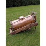 Copper and brass crop sprayer on court metal wheels {H 80cm x W 62cm x D 129cm }