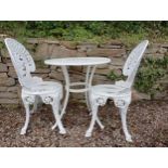 Cast aluminium bistro table and two chairs {Table H 66cm x Dia 66cm Chairs H 85cm x W 40cm x D