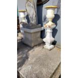 Pair of cast iron urns raised on pedestals in the Georgian style {80 cm H x 20 cm H x 20 cm D}.