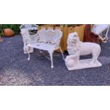 Pair of white moulded concrete models of Lions with ball at feet {80 cm H x 75 cm W x 30 cm D}.