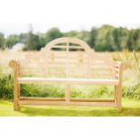 Exceptional quality teak Lutyens three seater garden bench {105 cm H x 165 cm W x 60 cm D}.