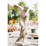 Moulded stone statue of Discus Athlete raised on square base {Overall 215 cm H x 50 cm W x 60 cm D -