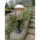 Cast iron and copper pillar light with milk glass shade {H 92cm x Dia 36cm}