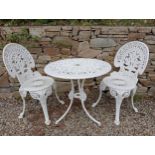 Cast aluminium bistro table and two chairs {Table H 65cm x Dia 70cm Chairs H 85cm x W 40cm x D