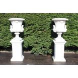 Pair of composition urns raised on pedestals {H183cm x W60cm x D60cm }