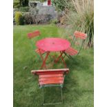 Red metal and wooden folding bistro table with three chairs {Table H 74cm x Dia 70cm Chairs H 80cm x