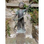 Bronze figure of a Boy water feature with hose fountain on sandstone base {H 62cm x W 20cm x D