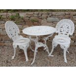 Cast aluminium bistro table and two chairs {Table H 65cm x Dia 70cm Chairs H 85cm x W 40cm x D