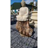 Good quality of Buddha raised on tree trunk base {Overall 100 cm H x 60 cm H x 58 cm W - Buddha 58