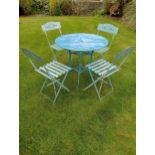 Blue folding metal bistro table with four chairs {Table H 70cm x Dia 80cm Chairs H 80cm x W 38cm x D