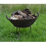 Large Iron Fire pit on stand {60 cm H x 65 cm Dia.}.