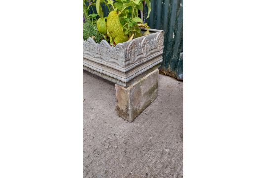 19th C. zinc planter raised on sandstone pedestals {54 cm H x 115 cm W x 44 cm D. Planter 26 cm H}. - Image 3 of 3