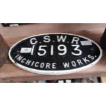 GSWR 15193 Inchicore Works cast iron plaque. {18 cm H x 32 cm W}.