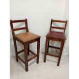 Pair of beech wood high bar stools with upholstered leather seats {H 102cm x W 37cm x D 41cm }.