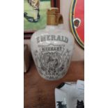 Emerald Meehan's Cork stoneware advertising whiskey flagon {18 cm H x 12 cm Dia.}.