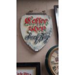 Coffee Shop and Snack Bar wooden painted double sided sign {68 cm H x 40 cm W}.