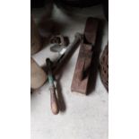 New Dawn chrome and brass cork puller {48 cm H x 18 cm W} and wood plane {7 cm H x 46 cm W].