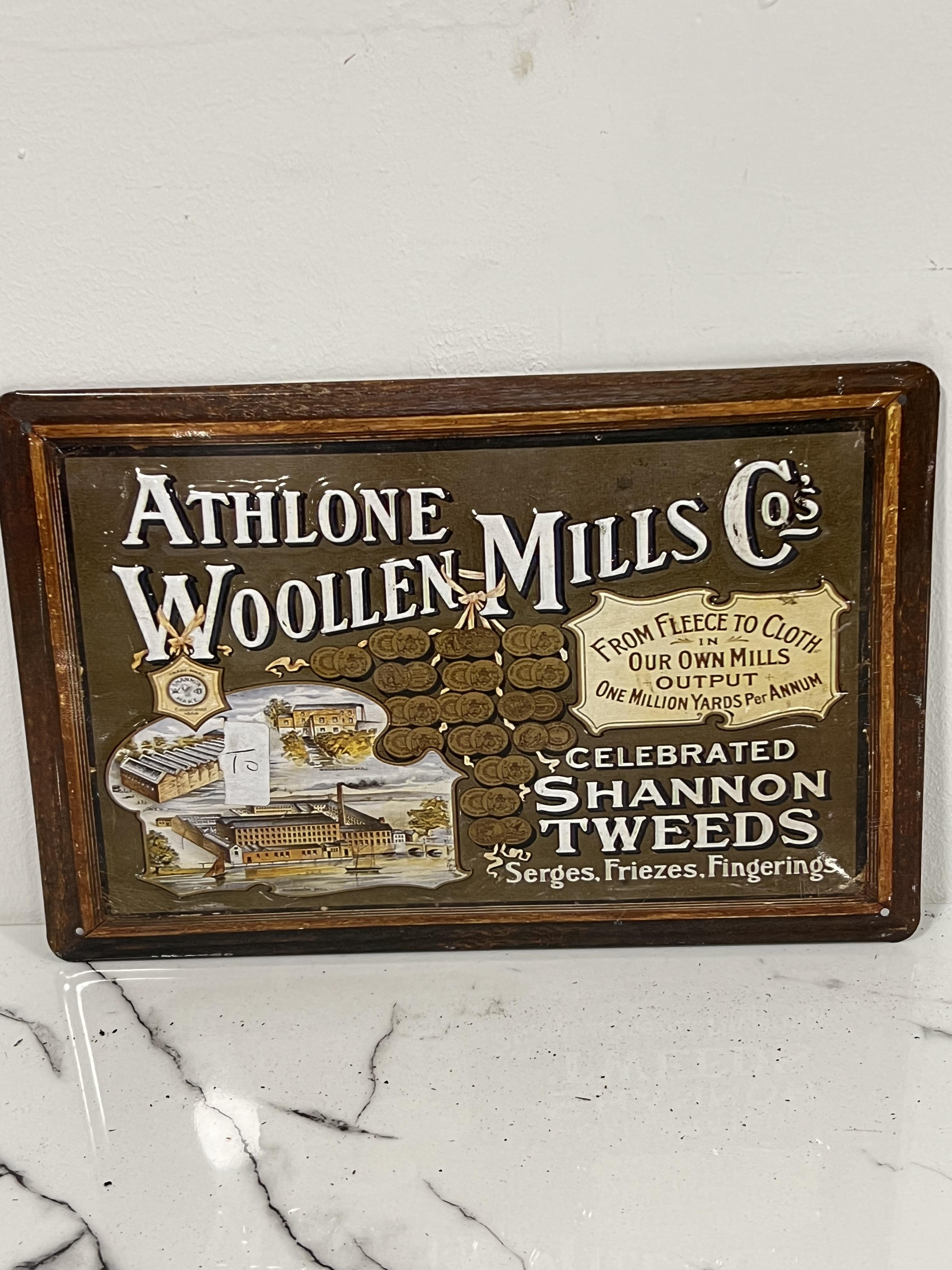 Athlone Woollen Mills Co's metal advertising sign {H 20cm x W 30cm }.