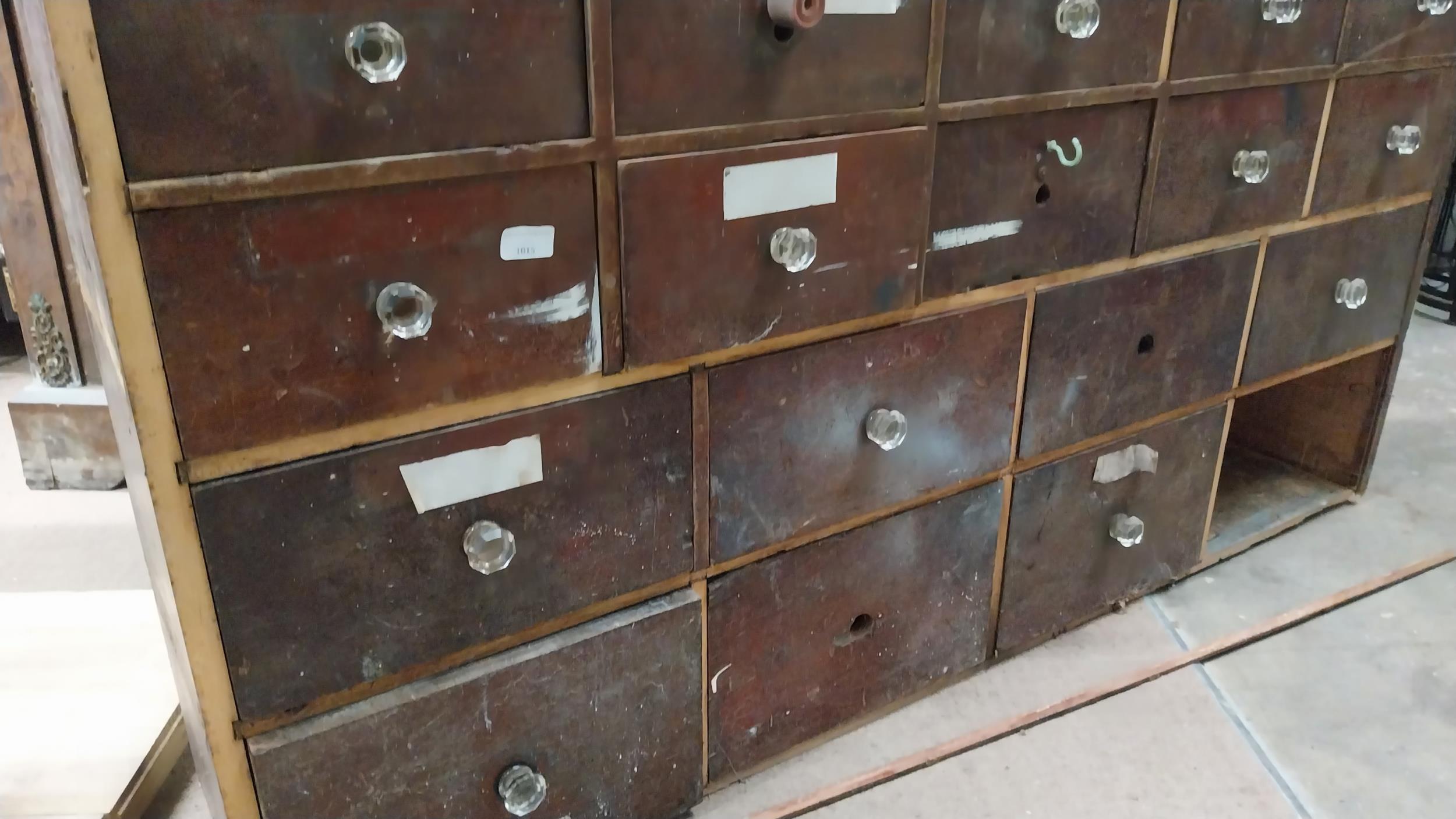 Early 20th C mahogany bank of eighteen drawers. (missing one drawer). {76 cm H x 152 cm W x 29 cm - Image 2 of 3