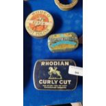 Three tin plate advertising tins - Rhodian Curly Cut Tobacco {2 cm H x 11 cm W x 8 cm D},Rodeo