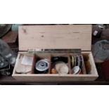 Box of fishing tackle. {10 cm H x 49 cm W x 17 cm D}