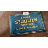 Smoke St Julien's Tobacco celluloid showcard. {13 cm H x 20 cm W}