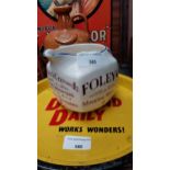 Foley's Mineral Water ceramic Arklow water jug. {11 cm H x 17 cm W x 10 cm D}.