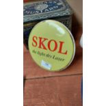 Skol Delight Dry Lager tinplate advertising sign {17cm Dia}.