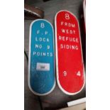 Cast iron 8 F P Lock No 9 Points and 8 From West Refuge Siding railway plaques. {24 cm H x 9 cm W}.