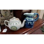 Ceramic Ireland tea pot {14 cm H x 23 cm W x 15 cm D} and Blue and White jug {16 cm H x 19 cm W x 10